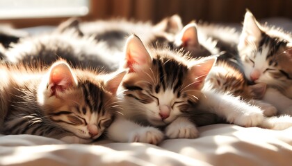 Wall Mural - Adorable sleeping kittens curled up on a white blanket, embodying warmth and comfort in a peaceful moment of togetherness.