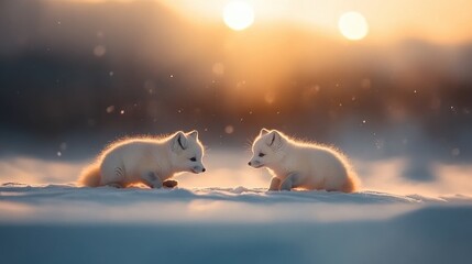 two adorable arctic foxes playing in the snow during a beautiful sunset.
