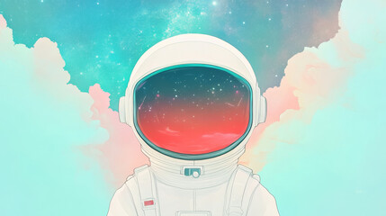Wall Mural - Close-up of an astronaut's helmet reflecting stars and clouds.