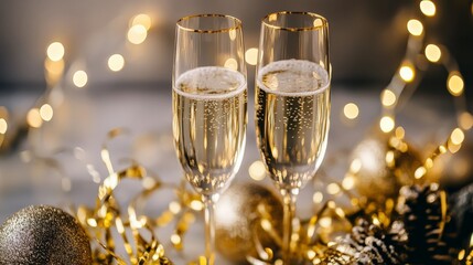 Two champagne glasses on a festive background with golden lights and decorations, perfect for a celebration or holiday occasion.