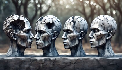 Weathered stone heads embodying sorrow and loss, portraying cracked and broken features in a profound display of sadness