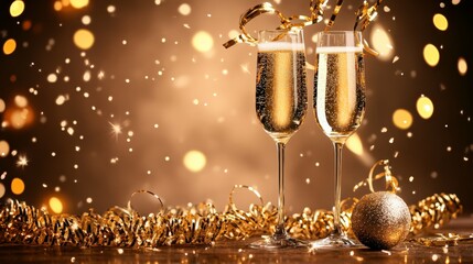 Two champagne glasses with golden Christmas decorations and sparkling lights background, perfect for holiday celebration or festive event imagery.