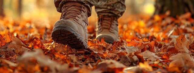 Wall Mural - A person walking on a path covered with autumn leaves in a serene forest during the golden hour of the evening