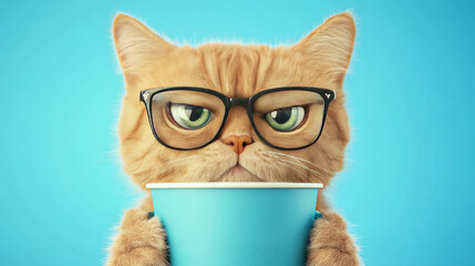 Canvas Print - A grumpy cat wearing glasses stares intently at the camera while holding a cup.