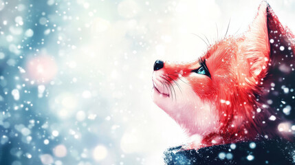 Wall Mural - A red fox with blue eyes looks up at the falling snow.