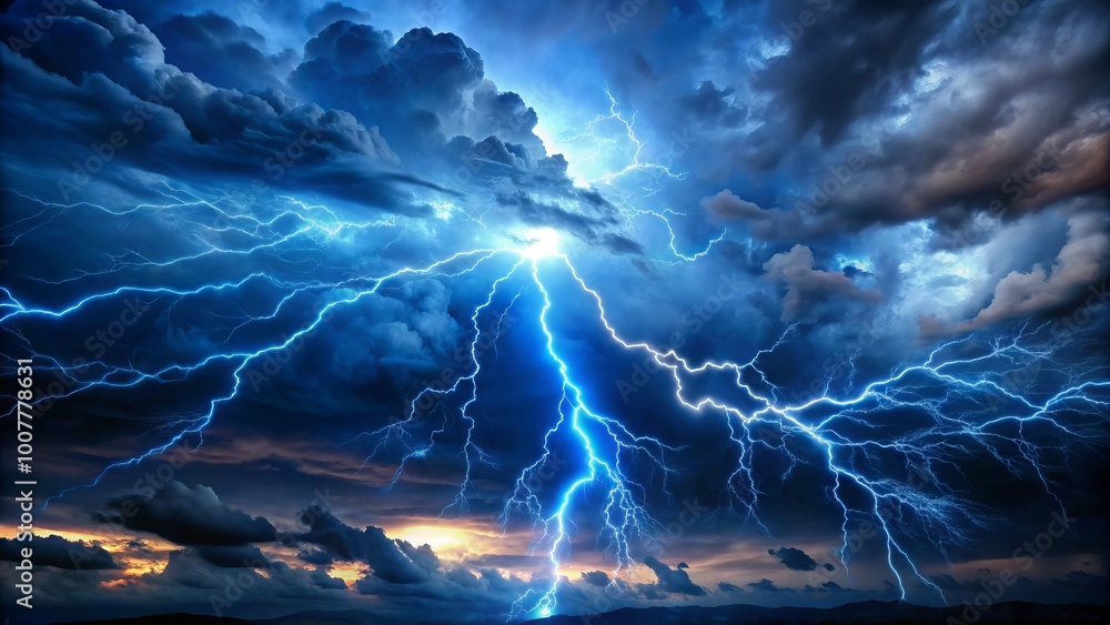 Electric blue lightning bolt illuminates dark stormy sky, striking ...