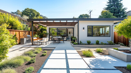 A modern front yard with a garden