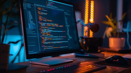Wall Mural - computer with code on a monitor, keyboard, and mouse on a desk.