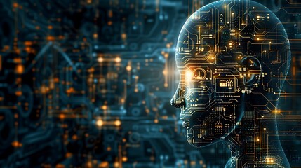 Wall Mural - digital illustration of a humanoid head composed of circuitry and glowing lights, representing the c