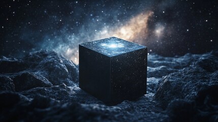 Wall Mural - A glowing cube sits on a rocky surface against a backdrop of stars and a galaxy.