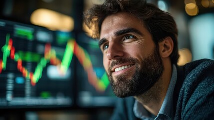 Bullish investor with a confident smile, watching rising stock charts and green arrows symbolizing optimism