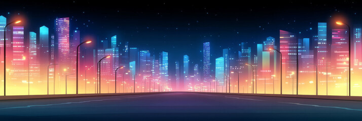 Poster - A glowing cityscape at night with a view of a street with street lamps.