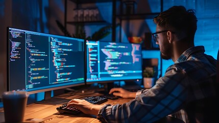 Wall Mural - programmer working late at night, hunched over his computer, diligently coding on a dark screen.