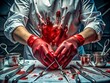 © Danicha - Gloved hands, smeared with crimson blood, clutch a scalpel and Surgical instrument, amidst a backdrop of medical