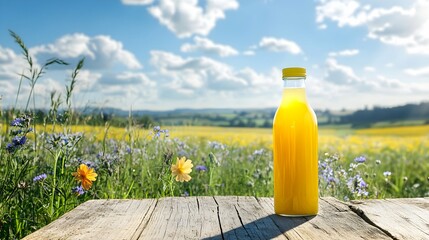 Healthy Yellow Juice Bottle on Rustic Wooden Table in Field of Flowers.