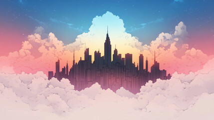 Sticker - A city skyline emerges from the clouds at sunset.