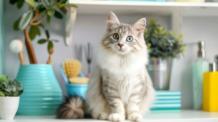 Cute Cat on a Beautifully Organized Shelf