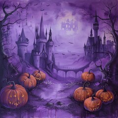 Purple background of pumpkins and castle, Halloween elements, Happy Halloween 
