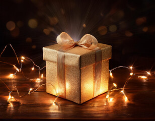 Shiny gift box illuminated with Christmas lights on wooden table-generated by ai