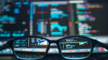 Glasses reflecting a computer screen displaying lines of code.
