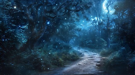 Wall Mural - magical forest path lit by moonlight and twinkling stars. the scene evokes a sense of mystery and wo