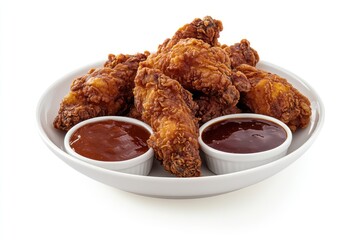 A plate of fried chicken with dipping sauce, isolated on white, showcasing the crunchy exterior and juicy interior