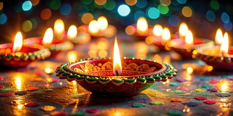 Diwali diya lit with candles, glowing in the dark , festival, lights, celebration, tradition, Indian, culture, colorful