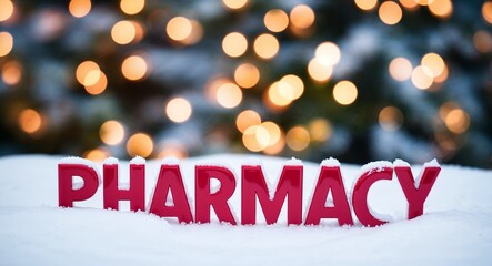 Wall Mural - Pharmacy lettering on winter snow holidays blurred lights bokeh background