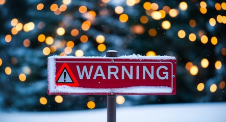 warning lettering on winter snow holidays blurred lights bokeh background