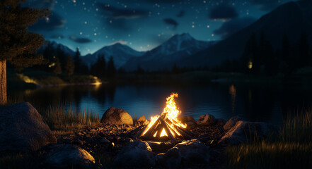 Wall Mural - Beautiful campfire at night by the lake in the mountains, a realistic photo shoot