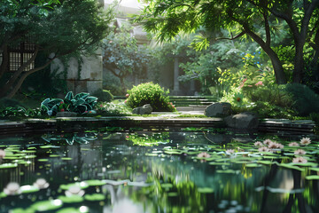 A serene garden scene featuring lush greenery, tranquil water lilies, and a peaceful pond reflecting the vibrant flora.