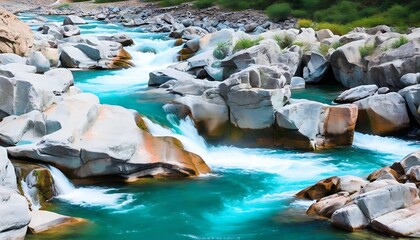 Waterfall in Ice Creek gorge flows clearly, white-blue stream next to rocks in autumn