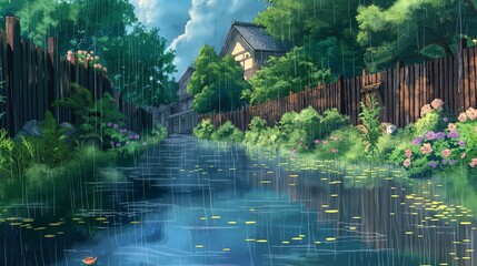 nice anime background for theme, flood in the town