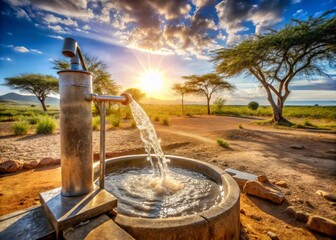 Sparkling clear water flows from a newly installed village well in a sun-drenched African savannah, symbolizing hope