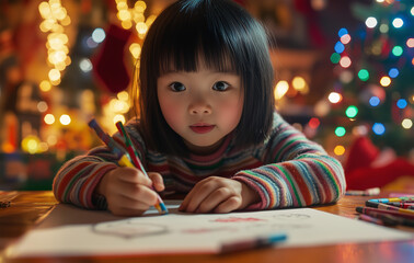 A young Asian girl is drawing on paper with crayons, wearing striped and sitting at a table in front of a Christmas tree. She has dark hair tied back from her face.