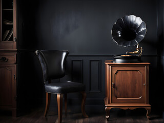 A gramophone on wooden cabinet and black chair in dark retro room interior