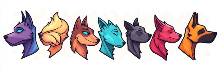 Sticker - Seven colorful wolf heads in a row.