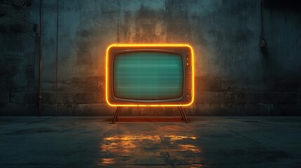 Wall Mural - Neon vintage TV frame on dark night background for advertising campaign