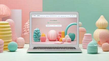 Laptop Displaying Website with Abstract 3D Shapes on Pastel Background