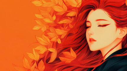 Wall Mural - A woman with fiery red hair rests her head on a bed of golden leaves.