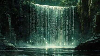 Background of an abstract digital code waterfall with cascading numbers and symbol