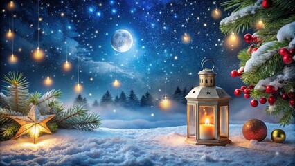 Wall Mural - Christmas scene with moonlit lantern and tree ornaments under a starry sky , Christmas, moonlight, lantern