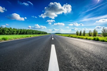 The distant horizon shows a pristine black asphalt road, marked with white stripes, basking under a sunny day,