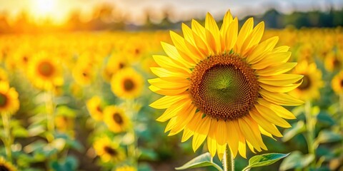 Wall Mural - Close-up of a vibrant yellow sunflower in full bloom with a blurred field and other sunflowers in the background, sunflower