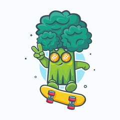 cool broccoli vegetable character mascot playing skateboard isolated cartoon