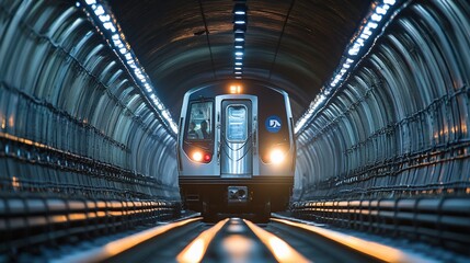 A subway train speeds through a tunnel, its headlights illuminating the tracks ahead.