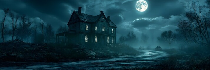 3D illustration of a Halloween concept background of realistic horror house and creepy street with moonlight