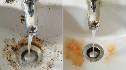 Before and After Cleaning: Comparison of Dirty Stainless Faucet Cover with Hard Calcium Water Stains in the Bathroom