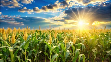 Wall Mural - Field of blooming corn under bright sun , agriculture, crops, farm, rural, countryside, summer, growth, fresh, organic