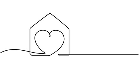 Heart inside house continuous one line drawn. Love home concept. Vector illustration isolated on white, Home Sweet Home Continuous Line Icon, Home with heart line art drawing vector illustration.
